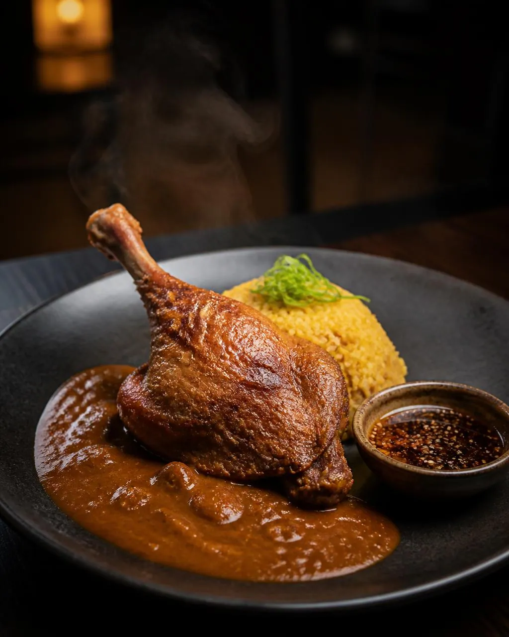 Konfierte Entenkeule mit japanischer Currysauce und goldenem Reis